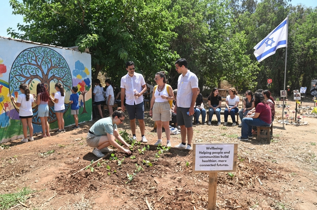 A community group gathered together outdoors in an open support circle.